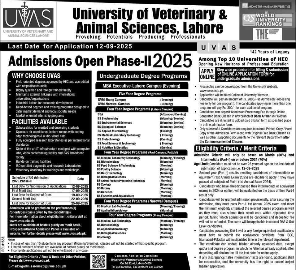 Admission Open in University of Veterinary & Animal Sciences Lahore